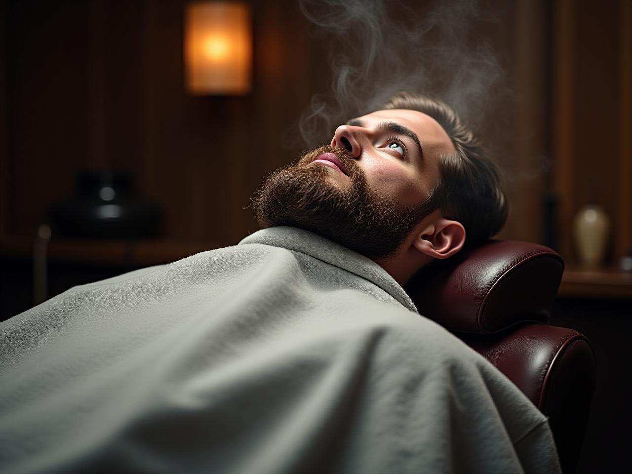 Client détendu recevant un soin à la serviette chaude dans un salon premium